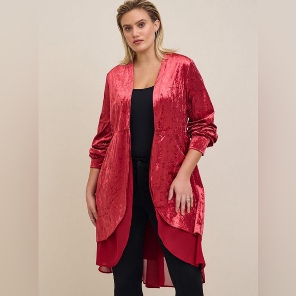 Torrid | Cherry Red Crushed Velvet Chiffon Mixe Fabric Kimono Size 1X Event - Picture 1 of 10